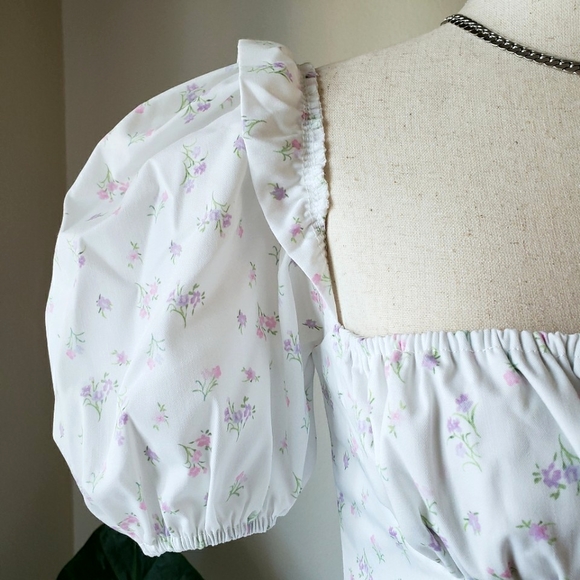 White Floral Print Puff-Sleeve Square Neck Midi Maxi Dress - Picture 7 of 12